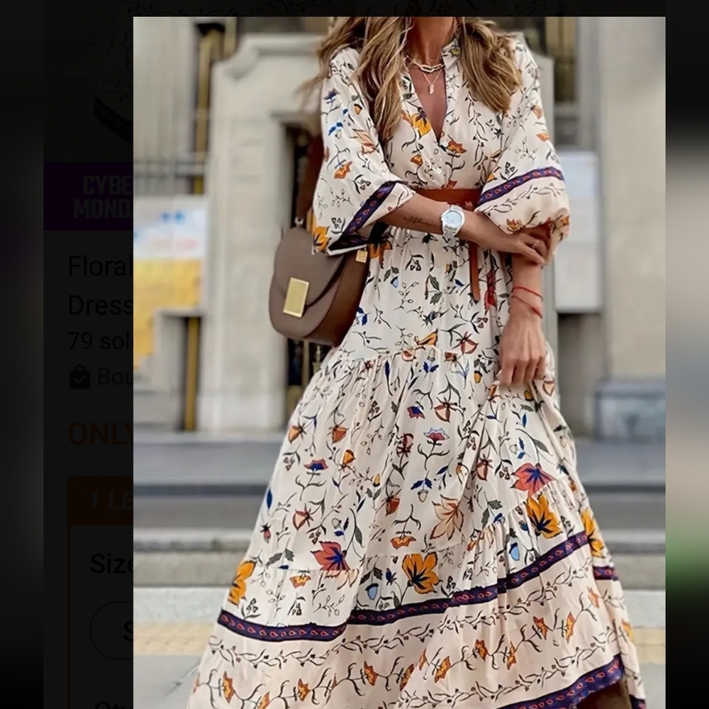 Cream and Brown Bell Sleeve Maxi Dress